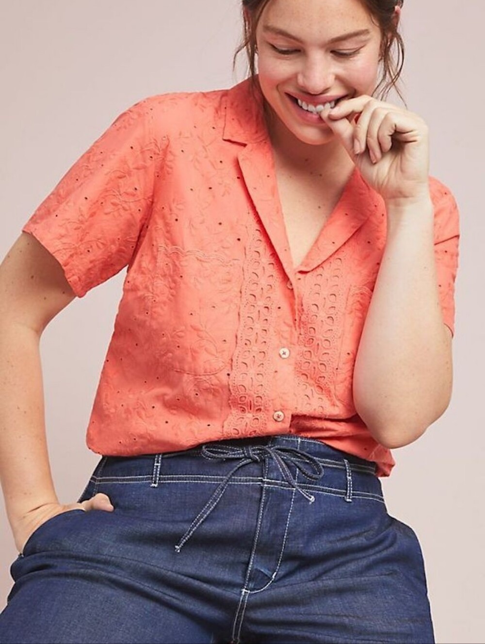 Maeve By Anthropologie Coral Eyelet Guayabera Top